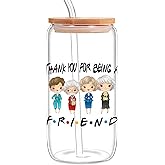 KISJO Thank You for Being A Friend - Funny Iced Coffee Glass Cup with Lid and Straw, Golden Girls Merchandise TV Show Gifts for Women Girls Fans - 16 Oz Coffee Glass