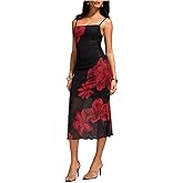 BEAUDRM Women's Floral Mesh Midi Dress Y2k Coquette Sheer Spaghetti Strap Bodycon Cami Dresses