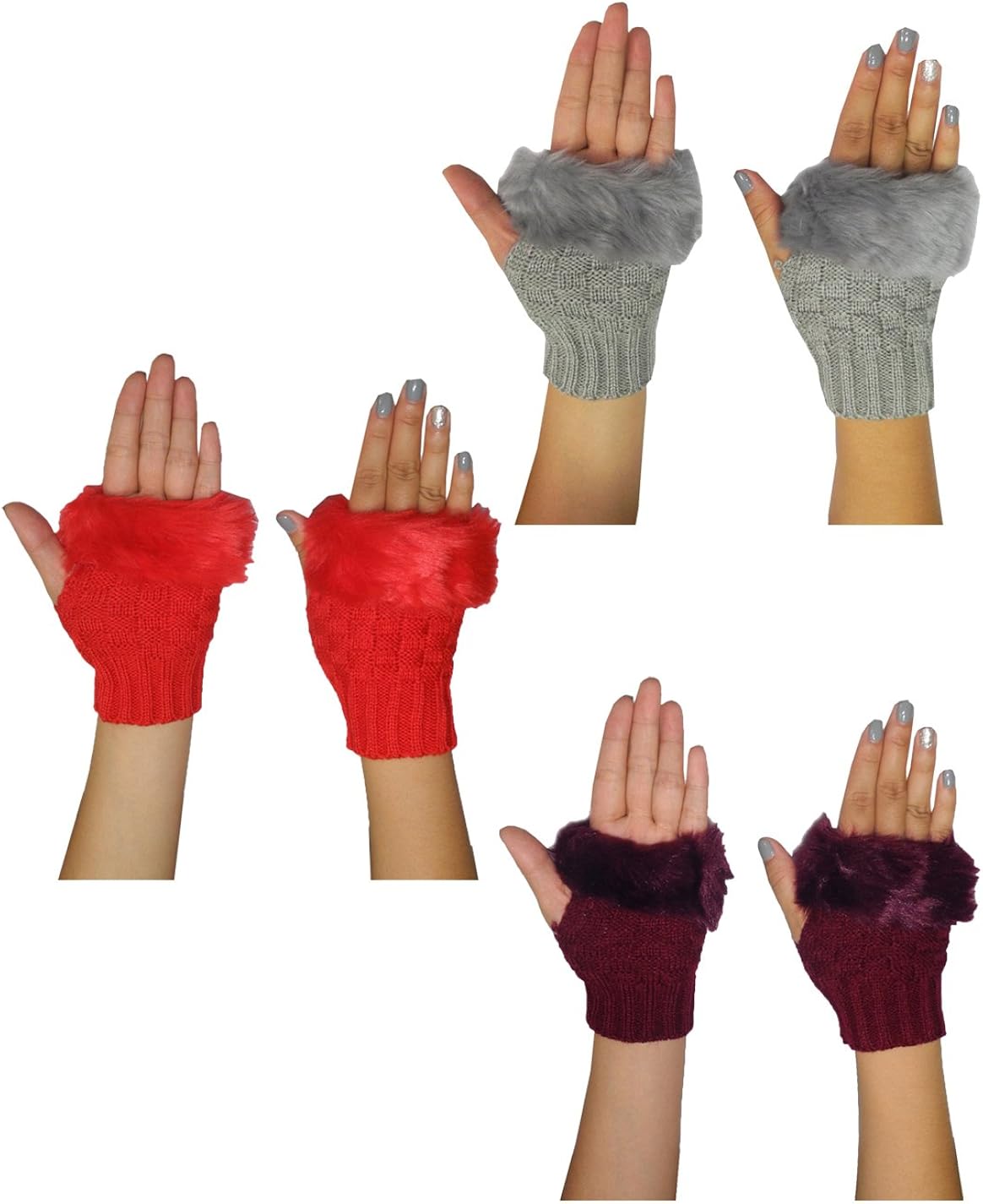 (Pack of 3) Womens Warm Winter Knitted Fingerless Gloves with Fluffy