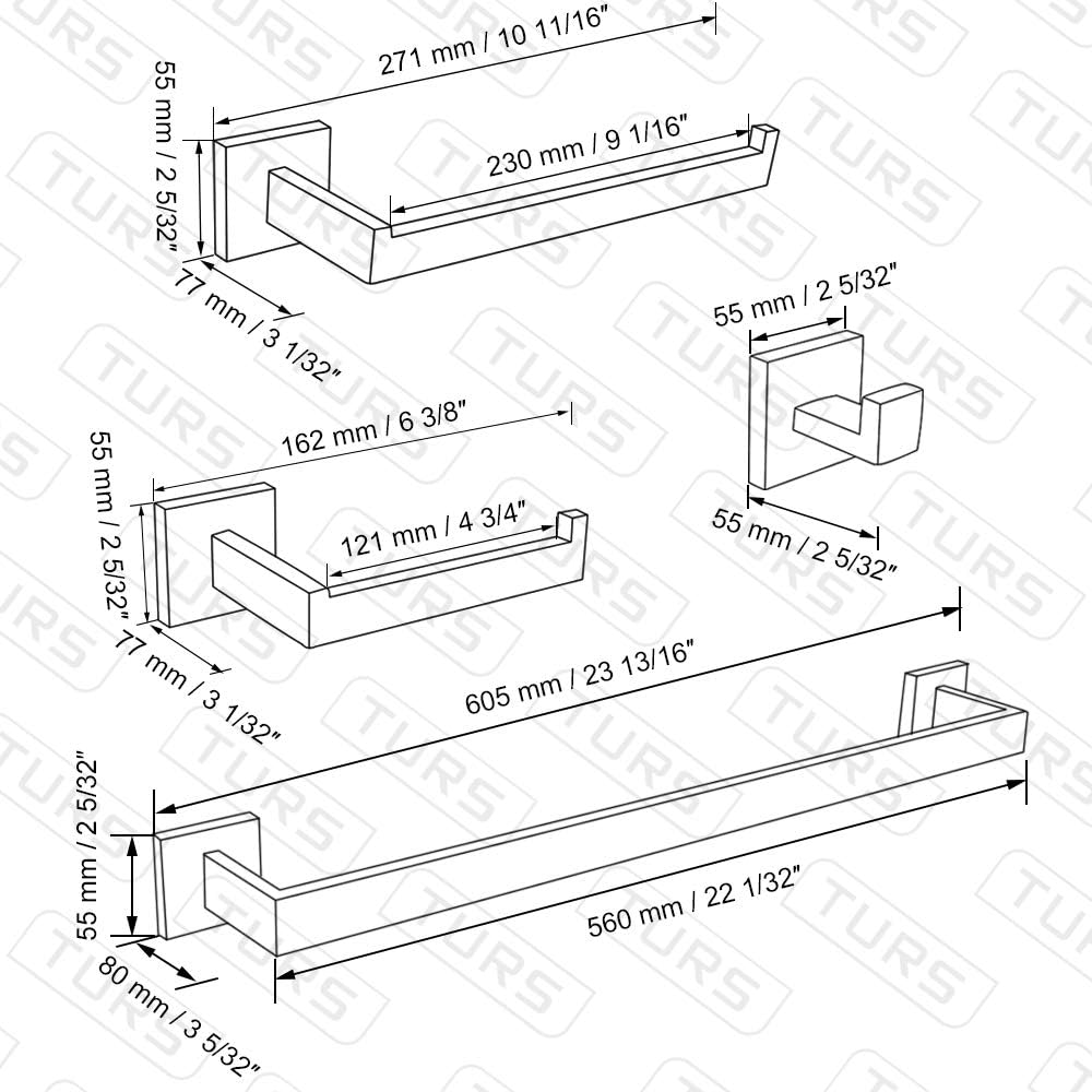 TURS Contemporary 4-Piece Bathroom Hardware Accessory Set Towel Bar Towel Robe Hook Toilet Paper Holder Hand Tower Holder, SUS 304 Stainless Steel Wall Mounted, Polished - - 