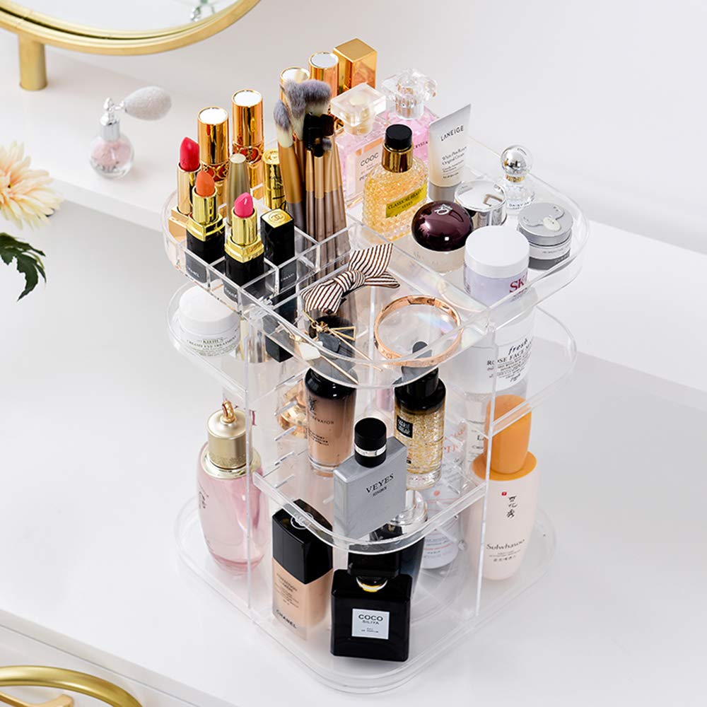 Makeup Organizer,Clear Transparent, Large Cosmetic Frame Storage Box,360 Degree Rotating Adjustable Cosmetic Storage Display Case,Fits Jewelry,Makeup Brushes, Lipsticks and More