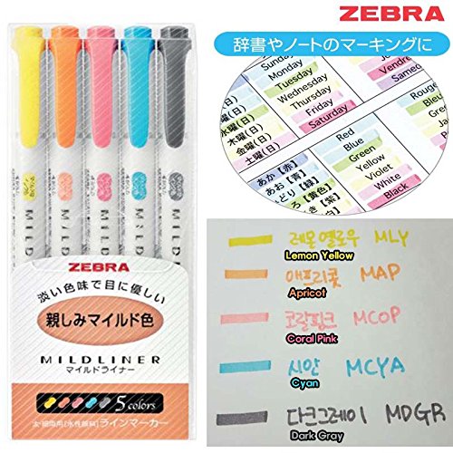 NEW Zebra Highlighter Mildliner 5Color Set Soft MildMarker Double Side WKT7-N-5C