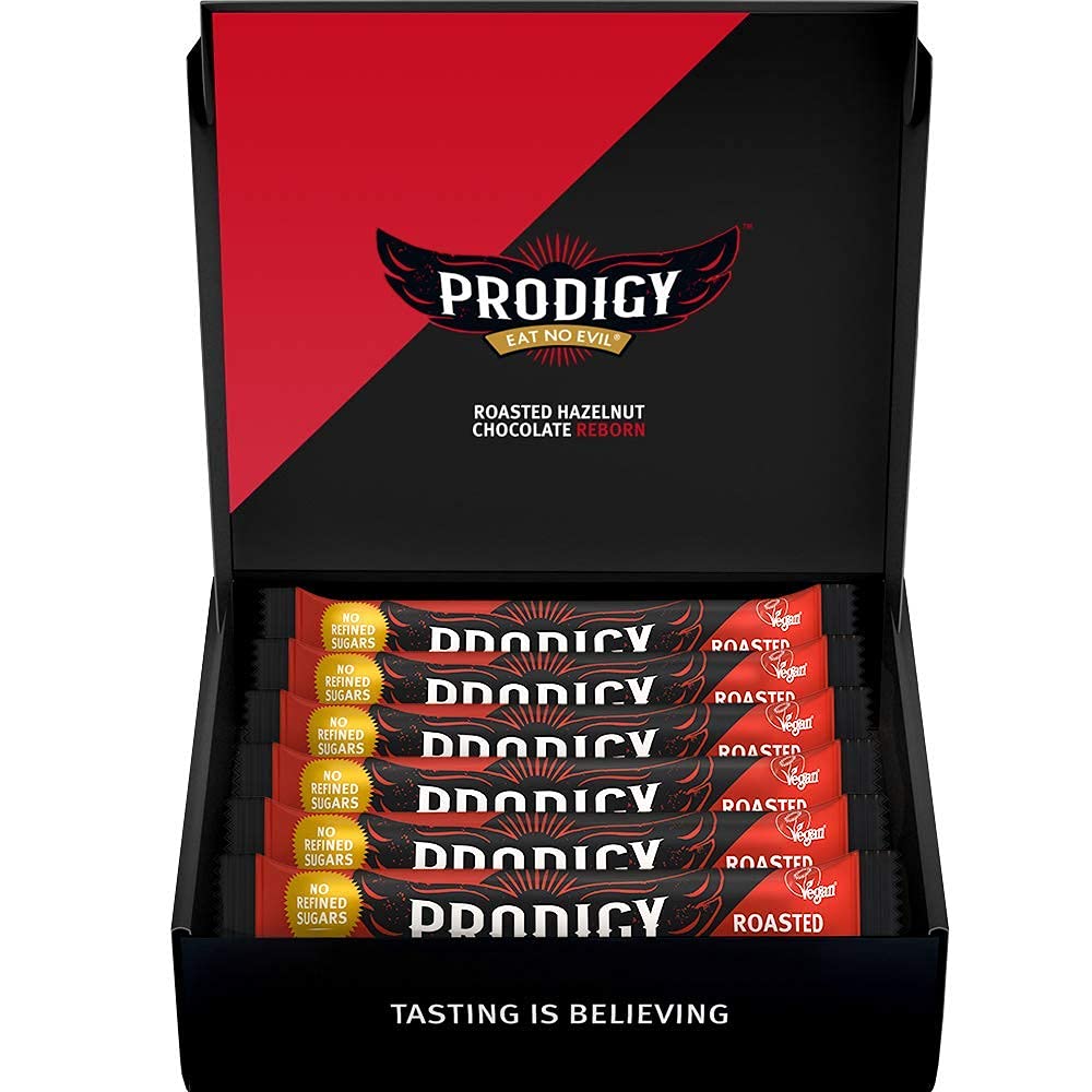 Prodigy Roasted Hazelnut Chocolate Bar | Box of 6 | Creamy Smooth & Crunchy Taste, Half the Sugar* | Vegan | Snack| Gift| Natural Ingreds| Gut Healthy Fibre | Palm Oil, Dairy, Gluten & Plastic Free