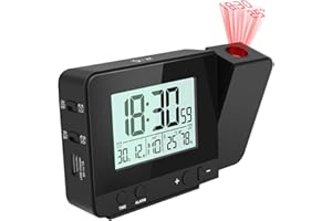 Jhua Digital Projection Alarm Clock Dimmable Alarm Clock with Indoor Temperature Hygrometer, USB Charger, LCD Display Dual Alarm Clocks for Bedrooms Ceiling Wall, DC & Battery Operated, Black