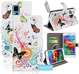Tradekmk(TM) Colorful Butterflies with Circle Wallet Leather Case Cover with Credit ID Card Slots and Stylus Pen Fit For Samsung Galaxy S5 I9600
