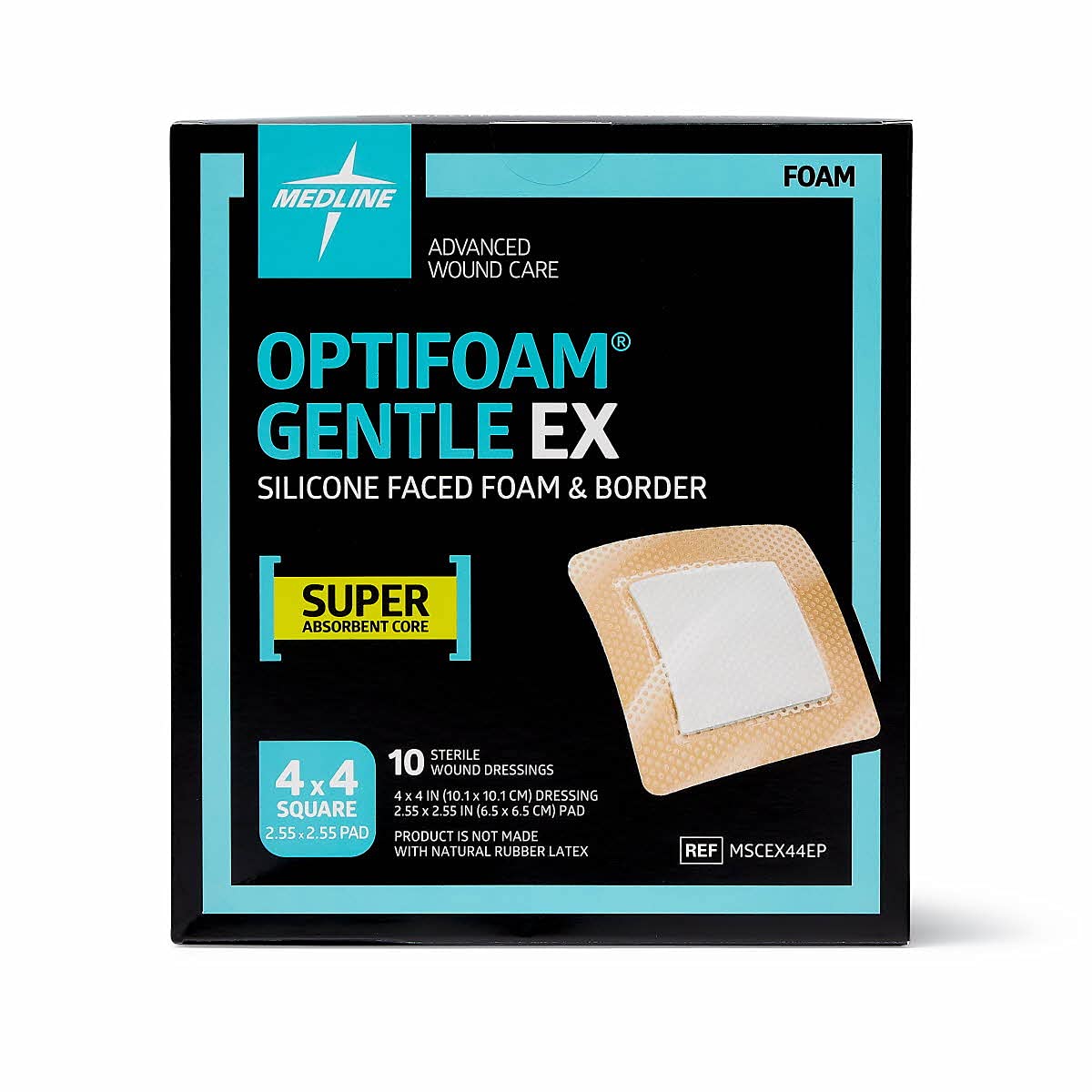 Medline Optifoam Gentle EX Bordered Foam Adhesive Dressing, 4" x 4" Square (10 Count) Image