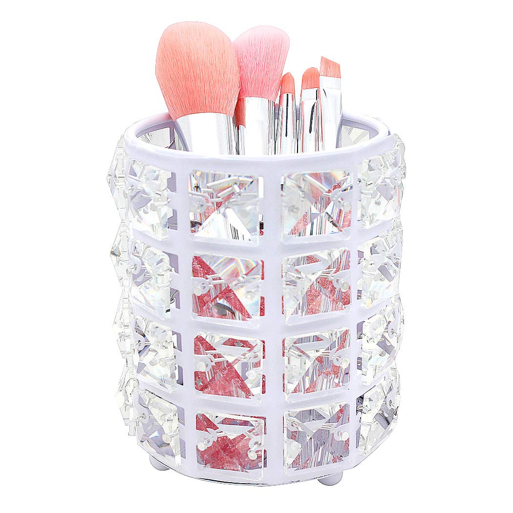 SIPLIV Makeup Brush Holders Pen Holder Handcrafted Crystal Eyebrow Pencil Pen Collection Cosmetic Storage for Vanity Bathroom Office Desk Organizer - Round, White — image 1