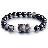 Beaded Bracelets for Women, Black Obsidian Money Attraction Bracelet, 8mm Healing Relax Anxiety Luck Crystal Bead Bracelets, Adjustable Jewelry Feng Shui Stretch Bracelet Cat Lover Gifts for Women Men