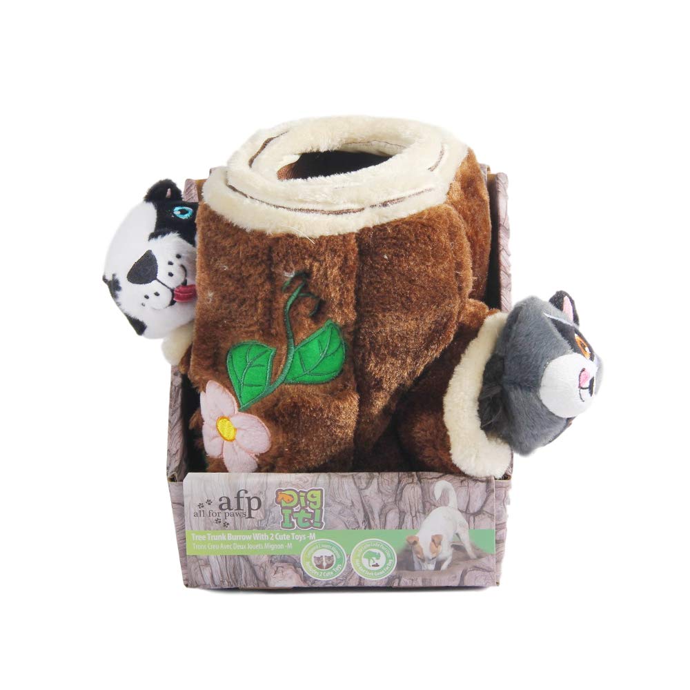 ALL FOR PAWS Pet Squirrel Squeaky Plush Toys Tree Trunk Burrow with 2 Cute Squeaky Squirrel (25 x 30 x 18 cm /10 x 11.7 x 7 Inch)-Hide and Seek Activity for Dogs