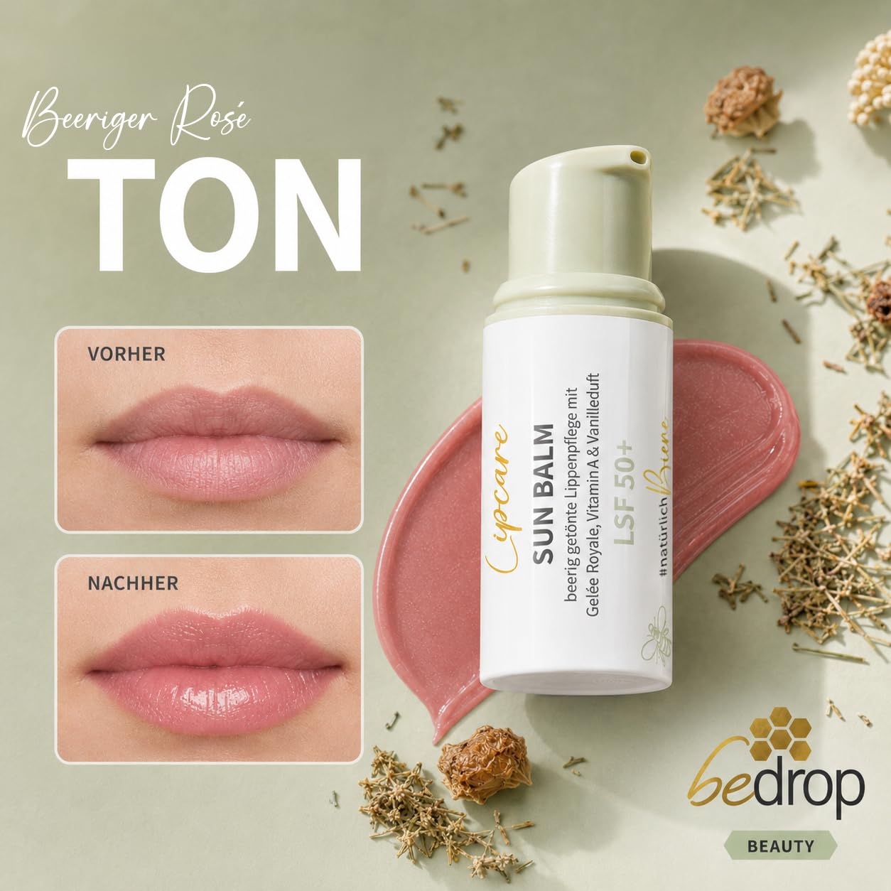 bedrop Sun Balm LSF 50+ | getönte Lippenpflege mit Gelée Royale, Manuka & zartem Vanilleduft - Sonnenschutz mit SPF gegen Sonnenschäden 5