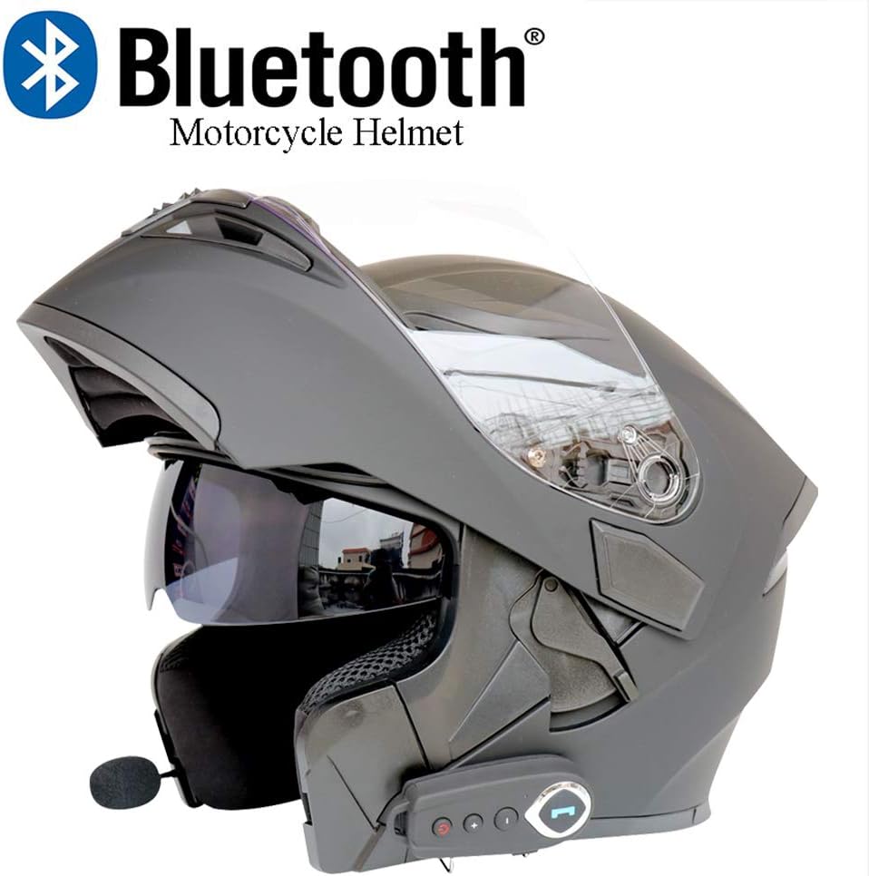 WLJBY Motorcycle Bluetooth Helmets Modular Music Smart Helmet Automatic Answering Built-In Dual-Speaker Headset With Microphone DOT Certification FM Double Mirror Anti-Fog(Black),L