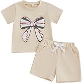 Gueuusu Toddler Baby Girl Summer Outfits Baseball Bow Fuzzy Embroidered T Shirt Top Shorts 2Pcs Baseball Game Day Clothes