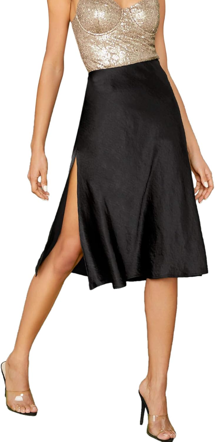 SheIn Women's Party Sexy Satin Split Side Basic Zipper Mid Waist Midi Skirt: Clothing
