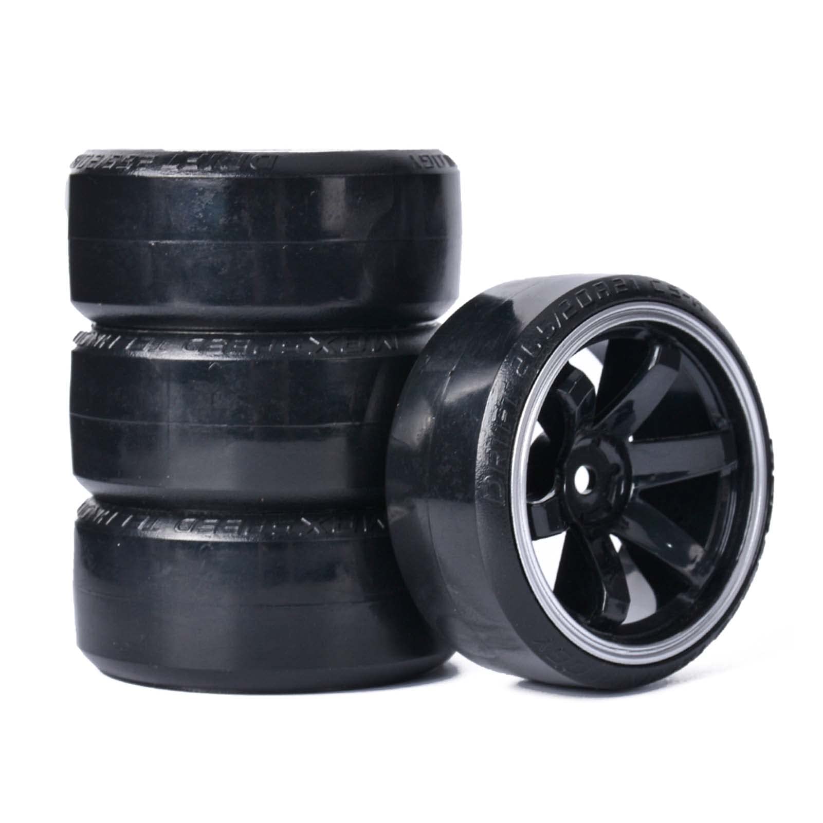 KEEDA RC Drift Car Plastic Wheel and Tyre, 63mm Hard Tires for 1/10 HSP Tamiya HPI Kyosho Racing Drifting Car (Black&Silver)