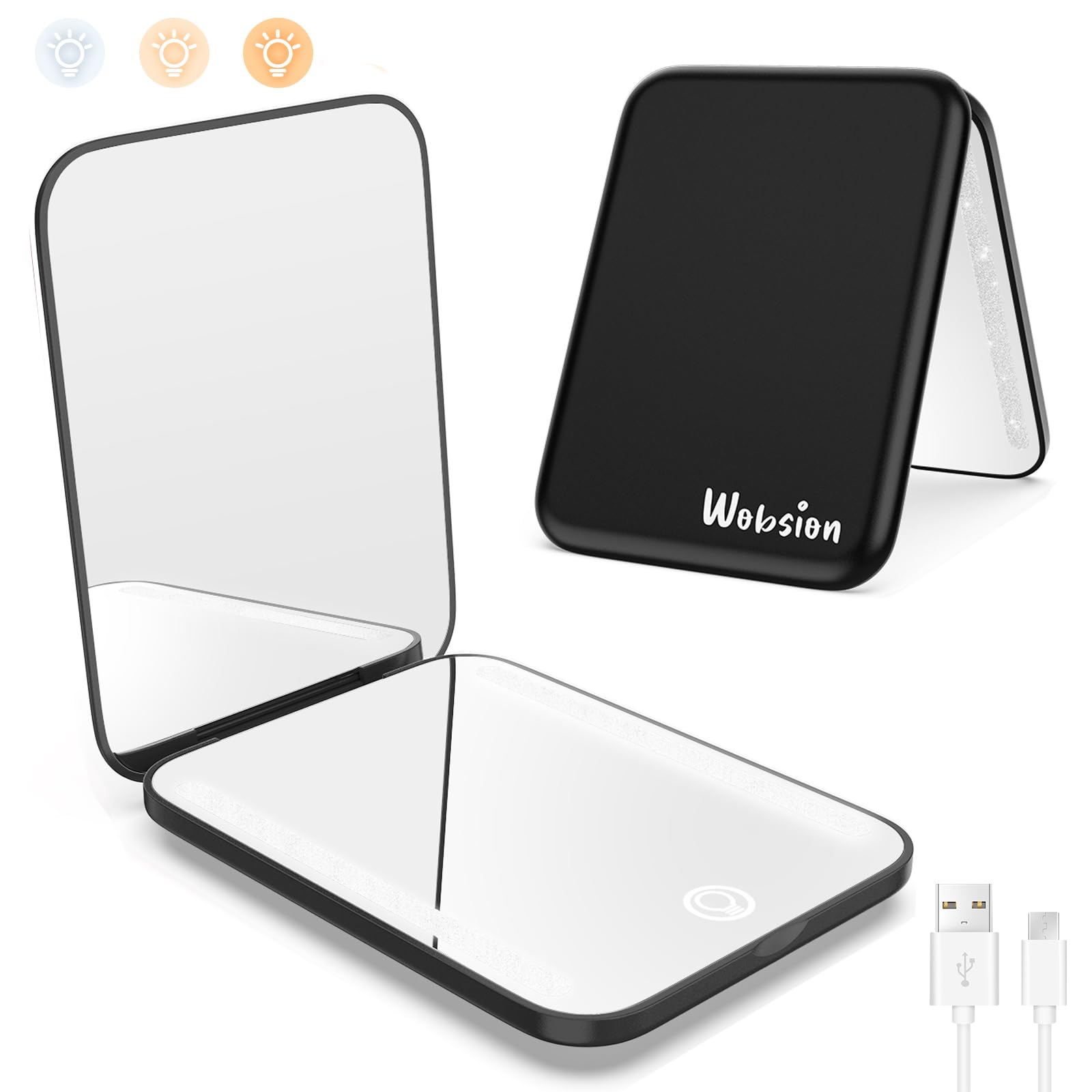 WOBSION Travel Makeup Mirror with Light, Dimmable Compact Mirror for Pocket, Small Mirrors for Handbag, 1x/3x Magnifying Portable Led Mirrors for Women, Rechargeable, Gifts for Girls, Black