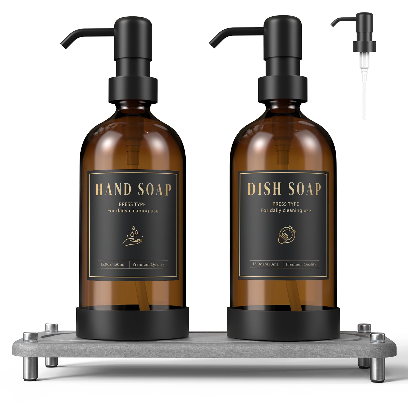 Luxspire Soap Dispenser Set, Hand Soap Dispensers with Fast Drying Tray, 17 oz Glass Refillable Liquid Bottle for Bathroom & Kitchen, Kitchen, 2 Pack, Brown + Dark Gray