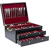 WodGod Silverware Storage Box,3 Layers Wooden Silverware Chest Case with Drawer,15.35" x 11.41" Flatware and Utensil Organizer for Kitchen(Flatware Not Included) (Black)