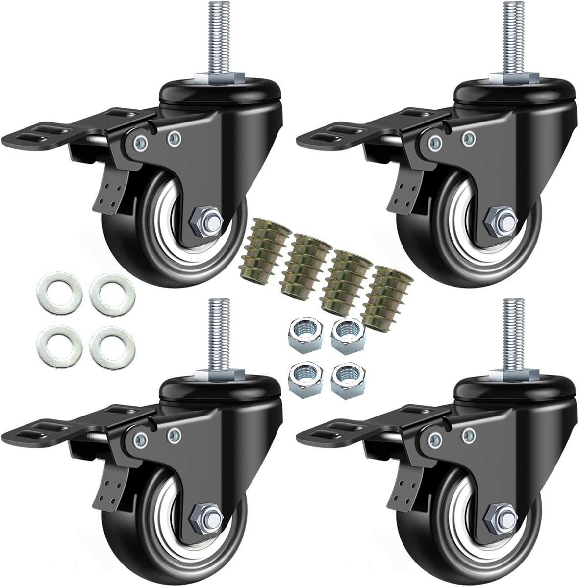 DICASAL 2" Stem Casters, Heavy Duty Swivel Stem Casters PU Foam Quite Mute No Noise Castors Markless Wheels Double Bearings and Locks Loading 300 Lbs Pack of 4 with Brake Black: Automotive