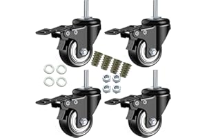 DICASAL 2" Stem Casters, Heavy Duty Swivel Stem Casters PU Foam Quite Mute No Noise Castors Markless Wheels Double Bearings and Locks Loading 300 Lbs Pack of 4 with Brake Black