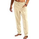 Runcati Mens Casual Pants Elastic Waist Drawstring Cotton Linen Pants Yoga Beach Summer Lightweight Trousers