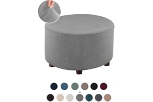 VIENLOVE Round Ottoman Slipcover Polyester Blend Footstool Protector Covers Stretch with Elastic Bottom Feature Textured Machine Washable Jacquard Fabric (Gray, Large Size)