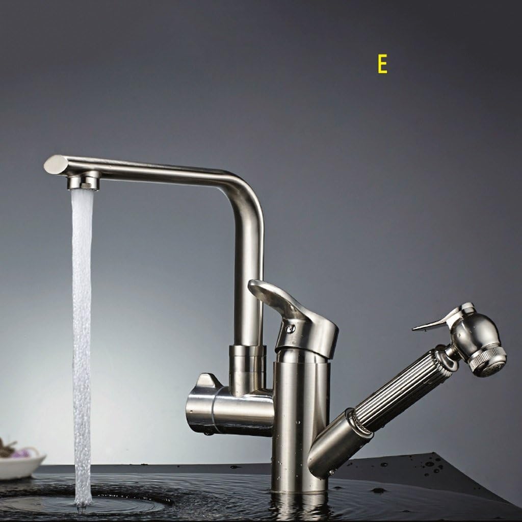 Kitchen faucet RXL Pull-out faucet Hot and cold water faucet Kitchen sink all bronze Telescopic Rotatable stainless steel Sink sink faucet (Color : E)