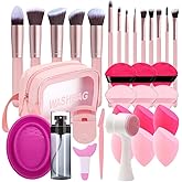 33PCS Makeup Foundation Brushes Tool Set with Sponges, Eyelash Curlers, Powder Puffs, Silicone Washing Bowls, Eye Aids, Nano Spray Bottles, Exfoliating Face Brushes, Eyebrow Trimming, Storage Bag