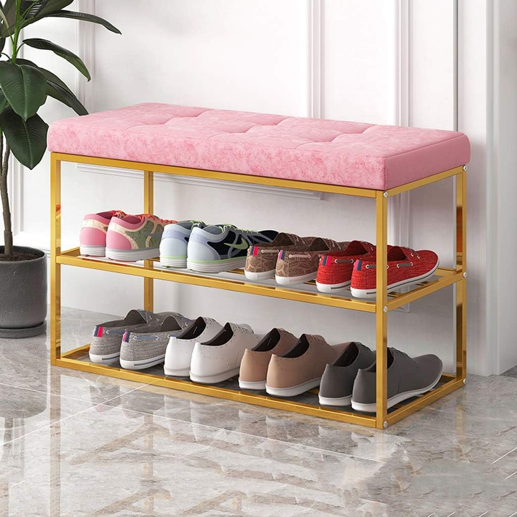 DLT 3 Tier Shoe Rack Bench with Velvet Cushion, Tufted Ottomans Shoes Racks Organizer with Metal Base, Footstool Soft Cushion Upholstered Shoe Stool for Kid (Color : Pink, Size : L:60CM)