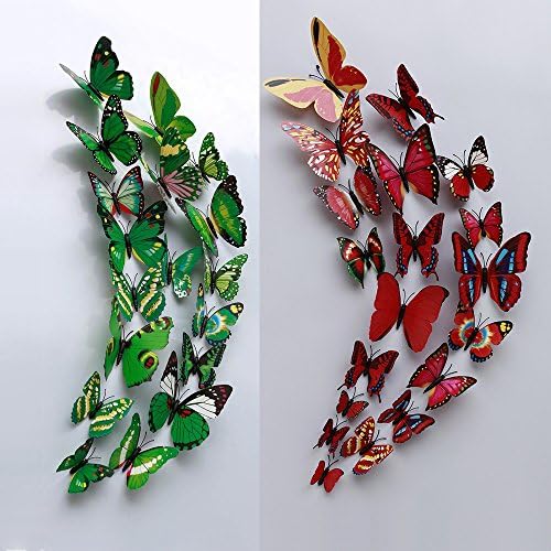 24 Pcs 3D Butterfly Wall Stickers Art Decor Decals(12Pcs Green + 12Pcs Red)