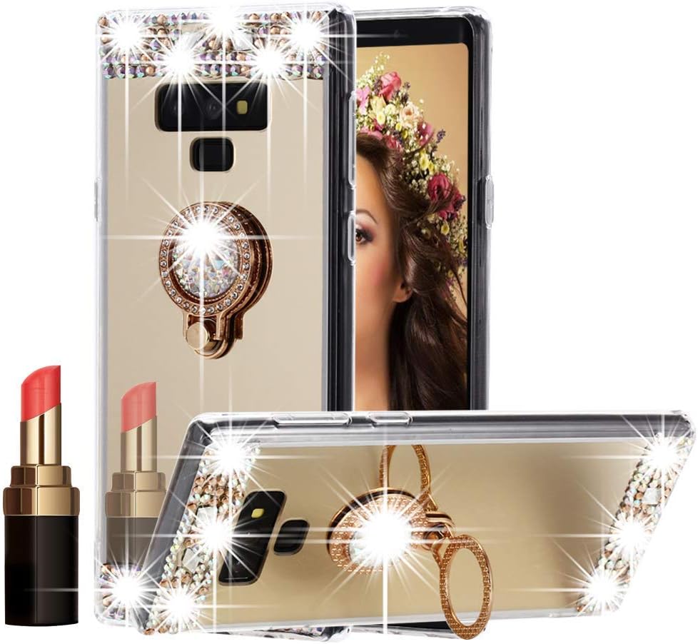 Galaxy Note 9 Case Bling, Miniko(TM) Sparkly Slim TPU Mirror Makeup Bling Rhinestone Diamond Back Case Cover with Detachable 360 Degree Ring Holder Stand for Samsung Galaxy Note 9 Gold