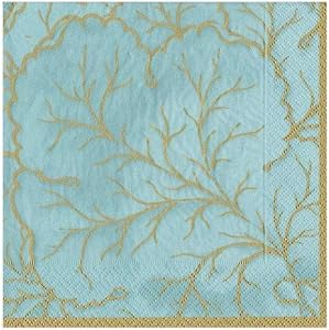Caspari Gilded Majolica Paper Cocktail Napkins in Aqua, Two Packs of 20