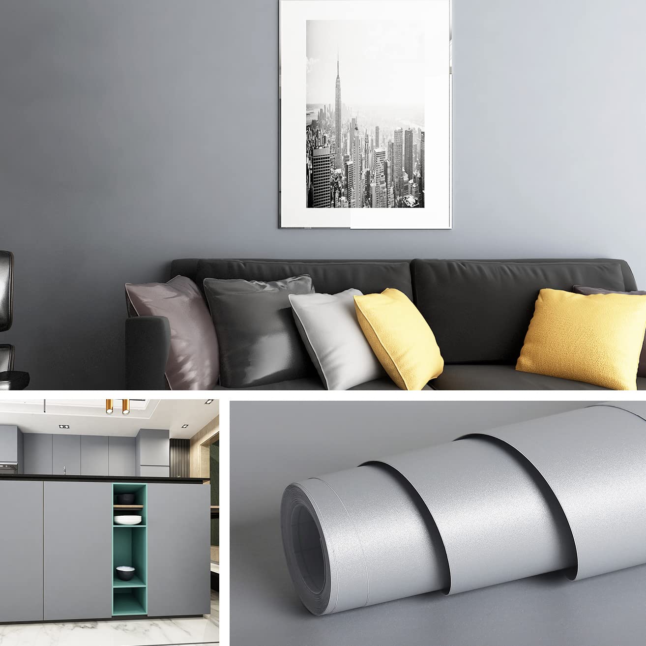 Livelynine Light Grey Wallpaper Peel and Stick Modern Grey Contact Paper for Cabinets Counters Countertops Vinyl Wall Paper Roll for Bedroom Removable Gray Wallpaper Bathroom Waterproof 15.8