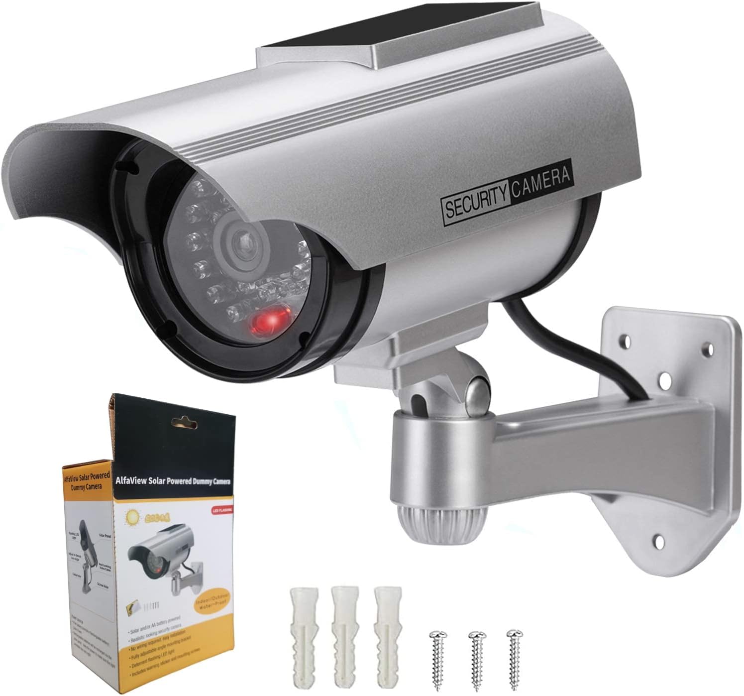 AlfaView Fake Dummy Imitation CCTV Security Camera, Fake Solar Powered Surveillance Camera with Flashing LED Light Bullet Shape, Dummy CCTV Camera Outdoor Indoor Use for Homes & Business