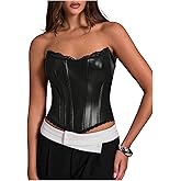 WDIRARA Women's PU Leather Corset Tube Top Lace Up Back Strapless Bandeau Bustier Crop Tops