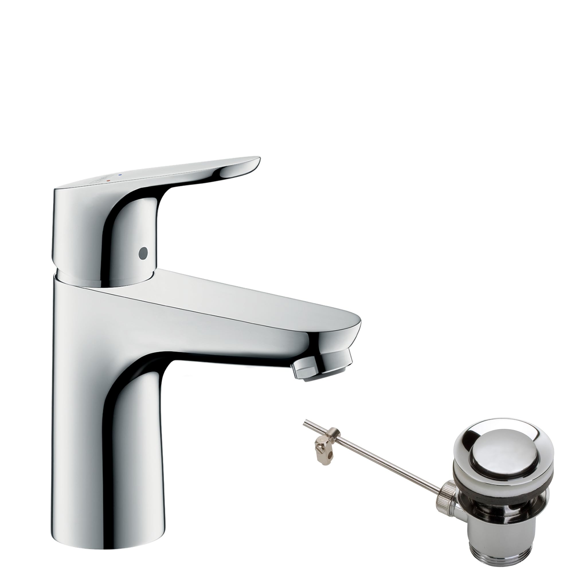 hansgrohe Focus - bathroom tap with pop-up waste set, bathroom sink tap with spout height 94 mm, basin mixer tap water-saving (EcoSmart), chrome, 31607000