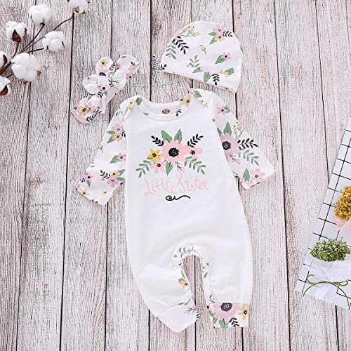 3Pcs/Set Baby Girl Toddler Floral Outfit Clothes Set Romper + Hat + Bowknot Headband (Color : White 100)