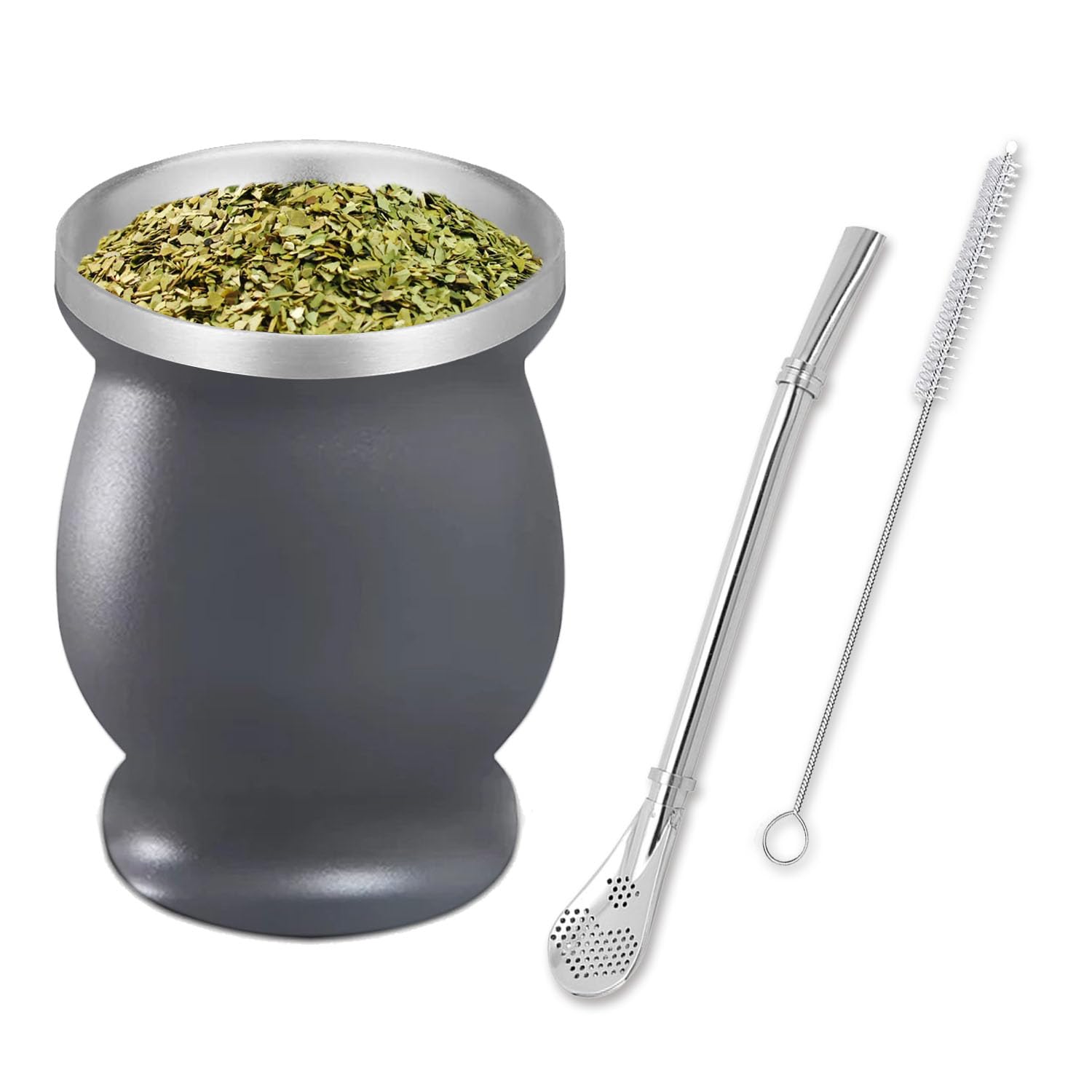 SVUPUE Yerba Mate Cup, Yerba Mate,Double-Wall Yerba Tea Set, Yerba Cup, with Straw Spoon and Cleaning Brush, for Yerba Mate Drink, Coffee, Milk and Juice, Grey,8oz — image 1