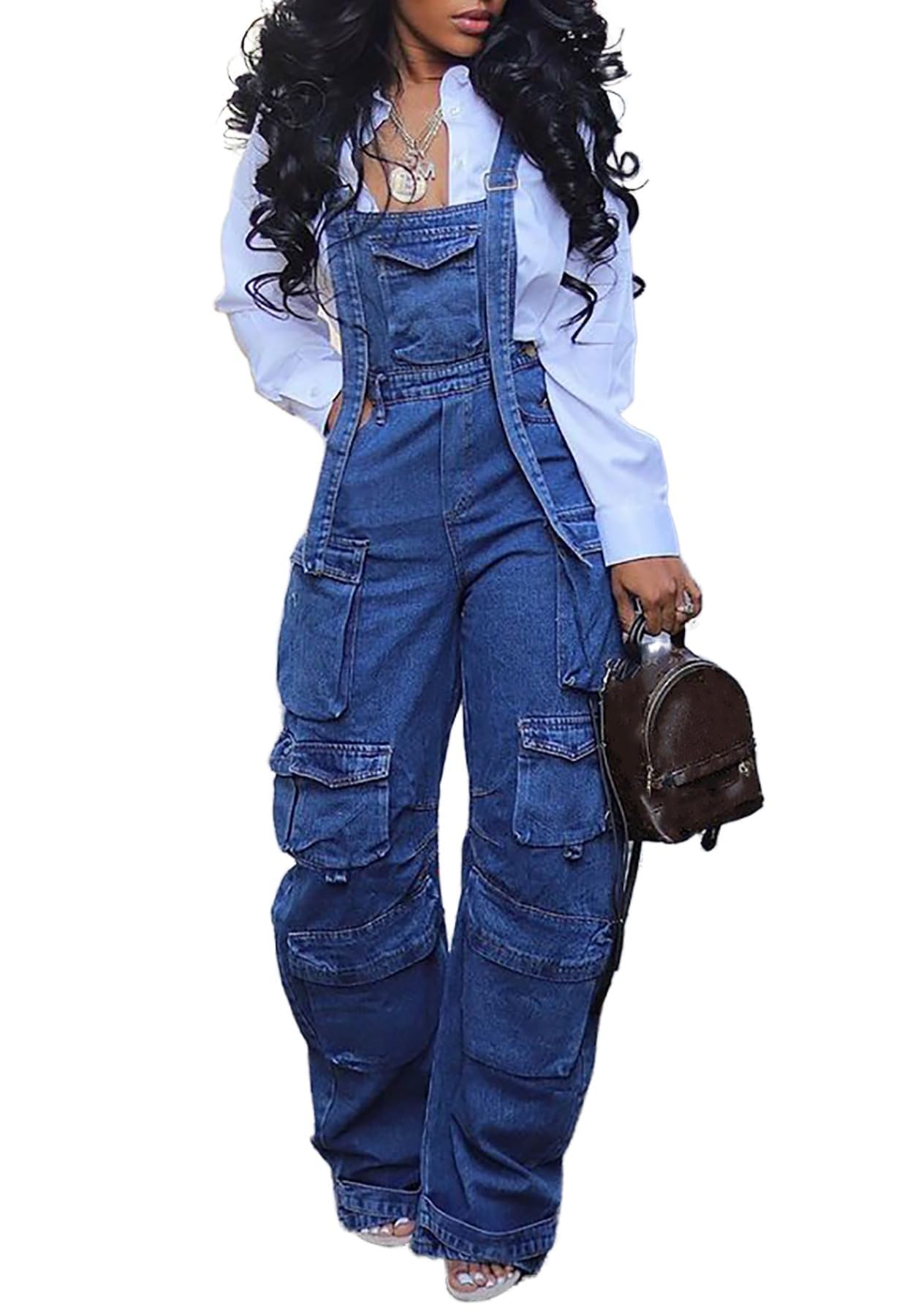 Photo 1 of YOOTIKO Women Denim Overalls Jean Jumpsuit Cargo Pants Baggy Straight Leg Bib Jean Romper Streetwear