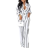Elainone Women's 2 Piece Outfits Stripe Long Sleeve Button Down Shirt Wide Leg Long Pants with Pockets