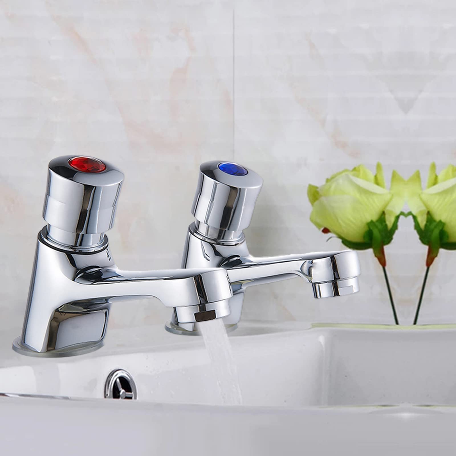 Modern Waterfall Basin Taps Pair, Self-Close With Hot and Cold Mixer, Non-Concussive Chrome
