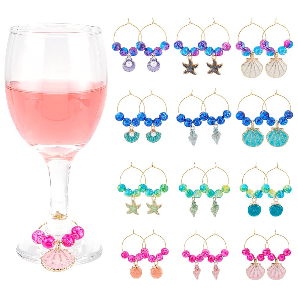 NBEADS 24 Pcs Ocean Theme Wine Glass Charms, Starfish/Shell Wine Charms Rings Cup Tag Identifiers Wine Jewelry Charms for Glasses Tumbler Cup Wine Tasting Party Gift