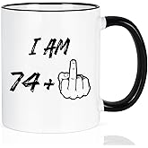 YHRJWN 75th Birthday Gifts for Women Men, I Am 74 Plus Middle Finger Coffee Mug, 75th Birthday Gifts Ideas for Friends, BFF, Mom, Dad, Grandma, Grandpa, Best 75 Year Old Gifts for Her Him, 11 Oz
