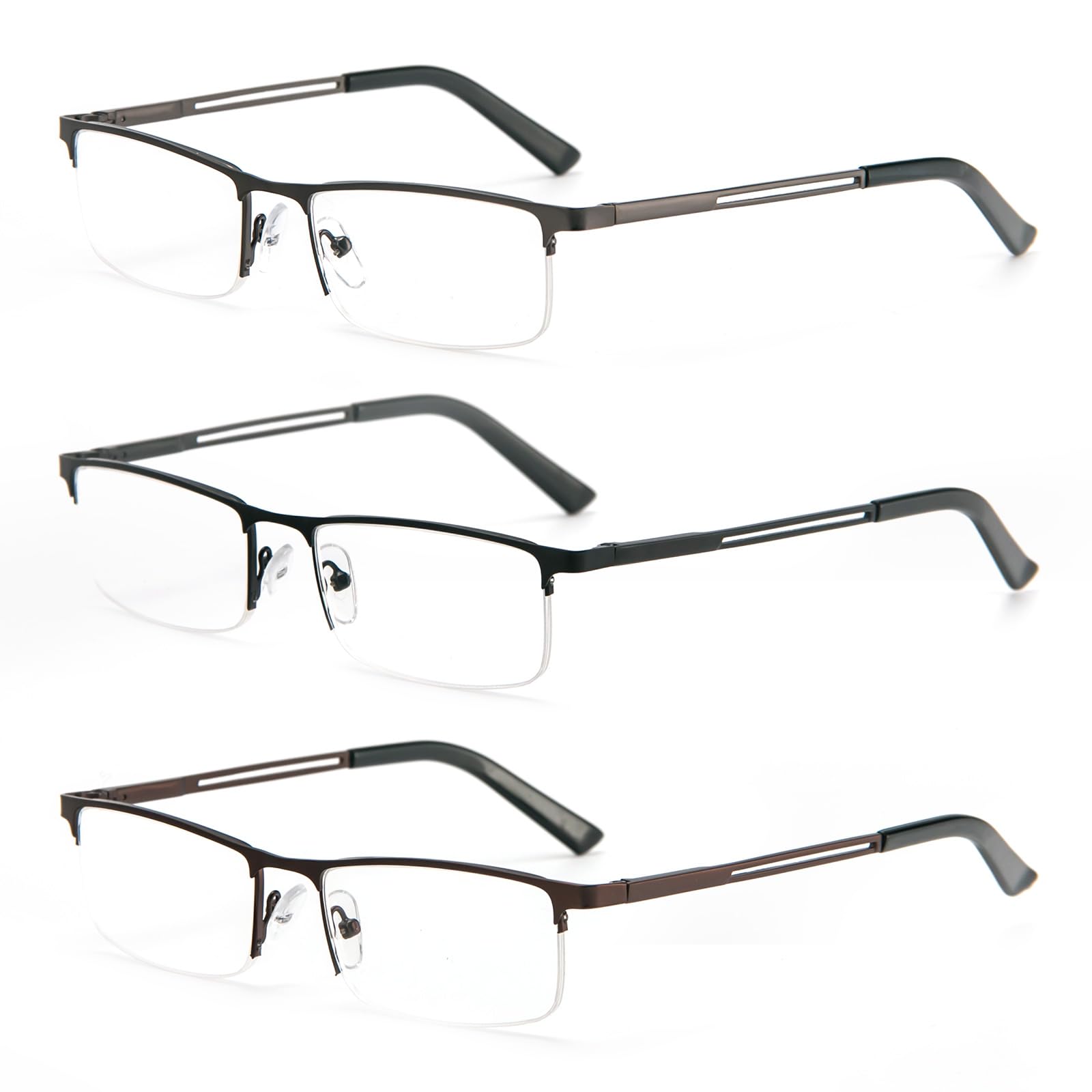 KoKoBin 3 Pack Half Frame Reading Glasses for Men Women Blue Light Blocking Metal Frame Spring Hinge Readers (3 Pack, 2, Dioptres)