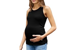 FMEYOA Women's Maternity Tank Tops Summer Sleeveless Crew Neck Ribbed Knit Slim Fitted Blouse Side Ruched Pregnancy Shirts