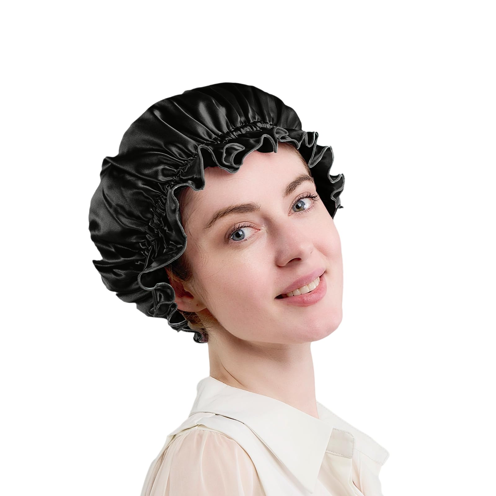 ZIMASILK 100% Mulberry Silk Bonnet for Women's Hair Care, Double Layered Silk Hair Wrap for Sleeping with Elastic Stay On Head (1Pc, Black+Black)