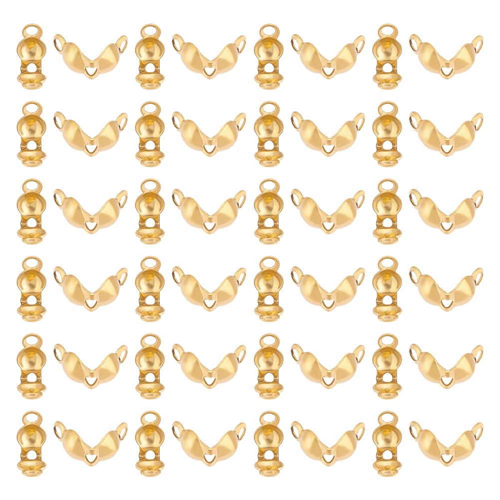 UNICRAFTALE 50pcs Golden Bead Tips Stainless Steel Calotte Ends Open Clamshell Knot Covers Fold-Over Bead Tips 1mm Small Hole End Caps for Knots & Crimp Findings Crafts 5x3x2mm