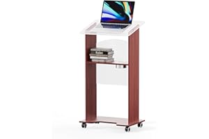 SUNNIBETY Mobile Acrylic Podium with Wooden Frame, Tilted Desktop with Book Baffle, Church Pulpit with Wheels, Portable Lectern Stand for Churches, Wedding, Speech, Classroom, Conference, Red