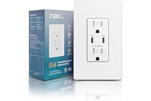 TOPELER PD USB Wall Outlet, 65W GaN Charger Receptacles for MacBook, 15A Duplex Tamper-Resistant Electrical Outlet with USB-C Ports, Screwless Wall Plate Included, ETL & FCC Listed, White