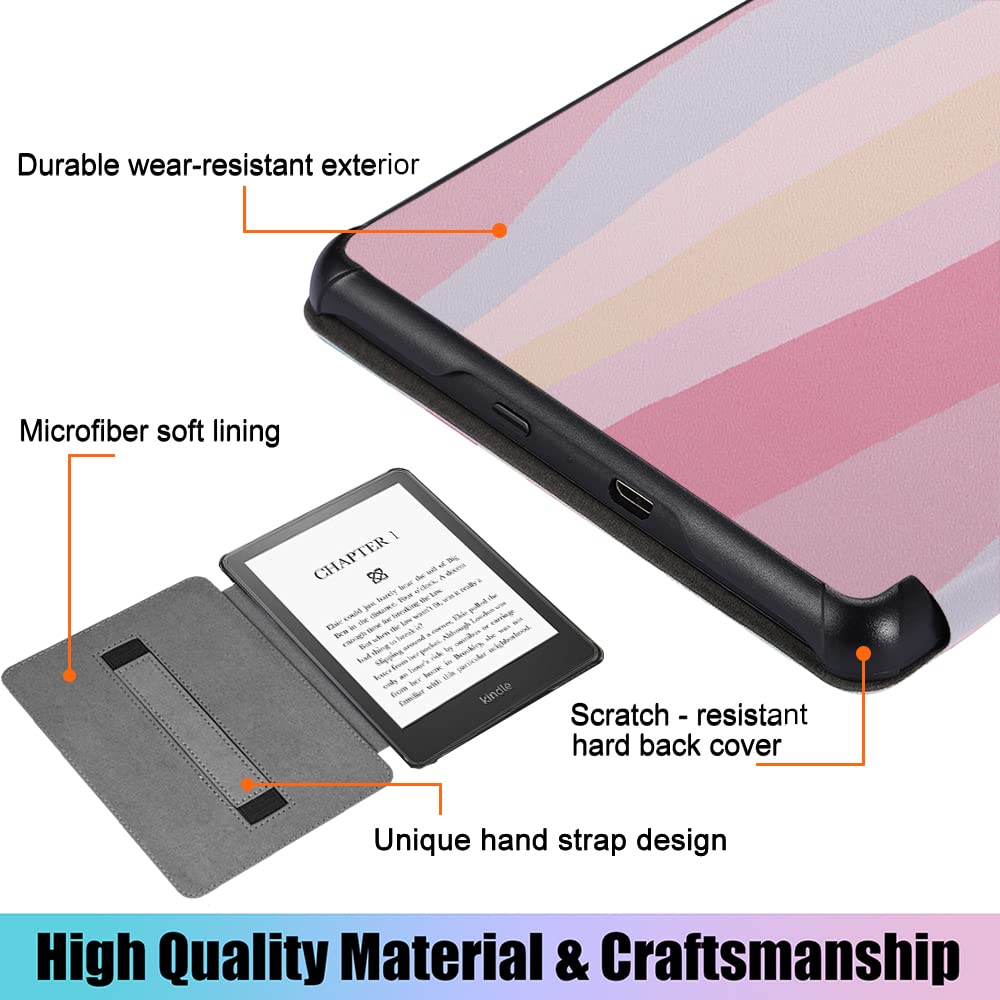 SCSVPN Case for 6.8'' Kindle Paperwhite 11th Generation & Signature Edition 2021 Release (Model NO. M2L3EK / M2L4EK), Slim PU Leather Smart Cover with Hand Strap and Auto Sleep/Wake (Colorful Pink)