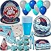 Shark Party Supplies for 16 Guests. Dinner Plates, Cake Plates, Napkins, Cups, Cutlery, Balloons, Tablecloth, Hats, Mini Shark Squirt Favors - Under The Sea Theme Birthday Pack w Decorations + Prizes